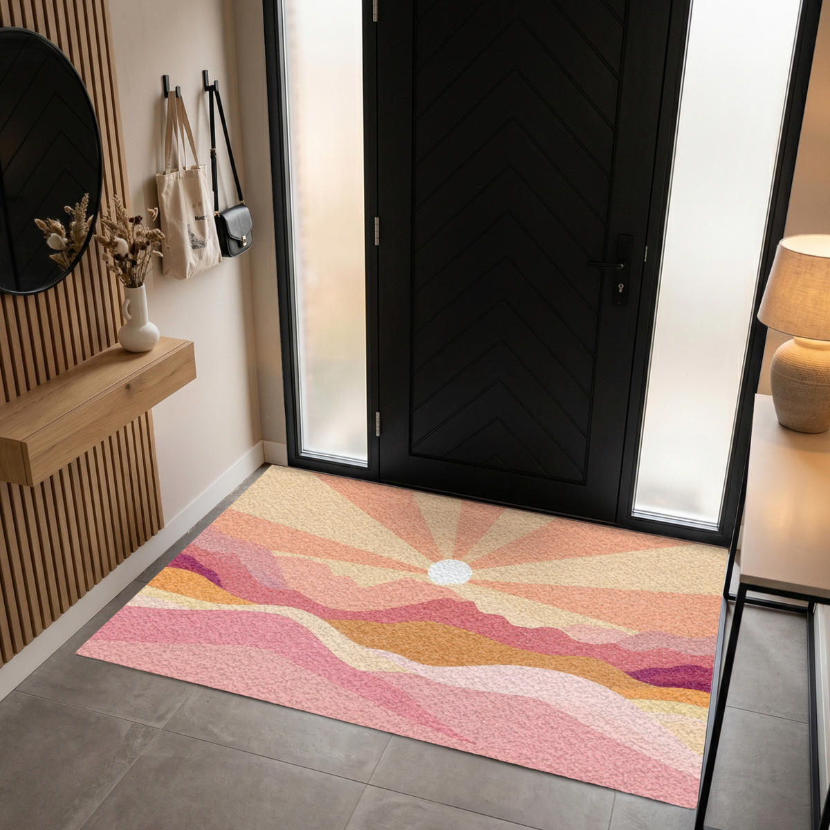 FUSSMATTE Berge - Abstrakt - Sonnenstrahlen - Rosa Sauberlaufmatte 180x120 cm - Rosa, Kunststoff (180/120cm) - MuchoWow