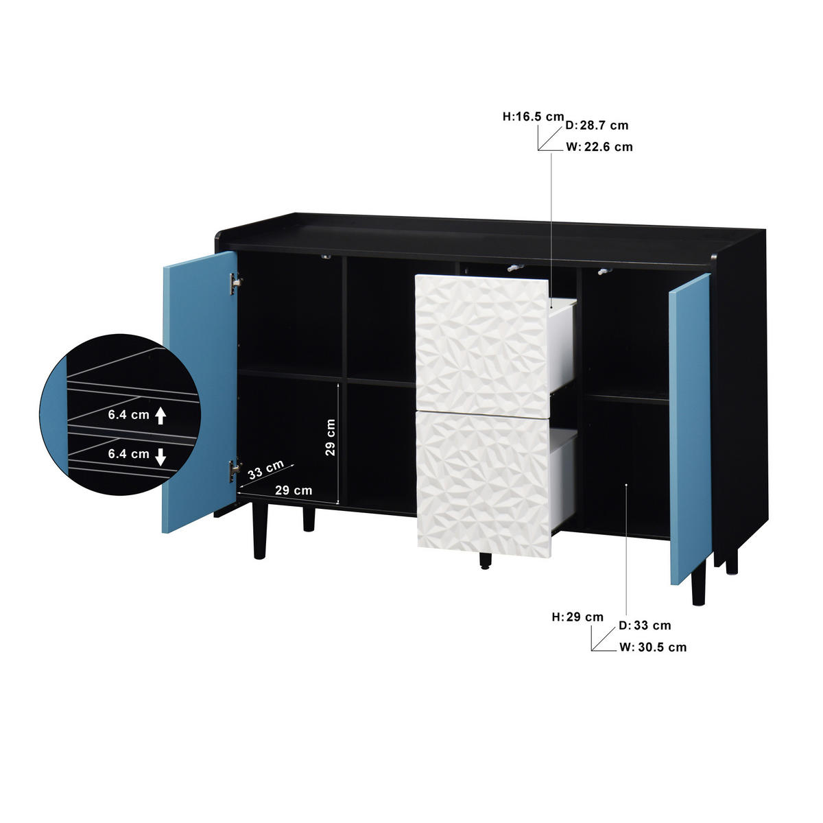 SIDEBOARD 120/40/80 cm Schwarz/Blau aus MDF mit 2 Schubladen - Schwarz, Holzwerkstoff (40/80/120cm) - OKMYHOME