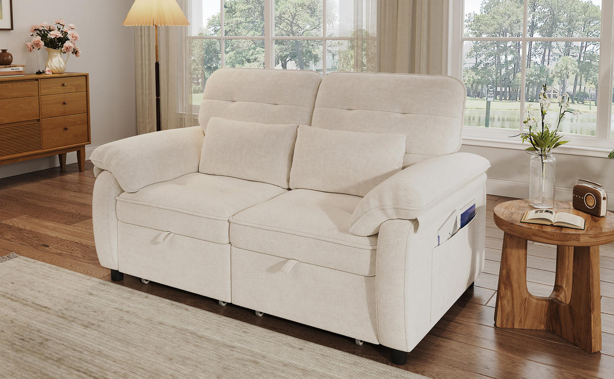 SCHLAFSOFA 142/90/86,5 cm aus Chenille mit 3-in-1-Bettfunktion Beige - Beige, Textil (90/86.5/142cm) - Modenvie