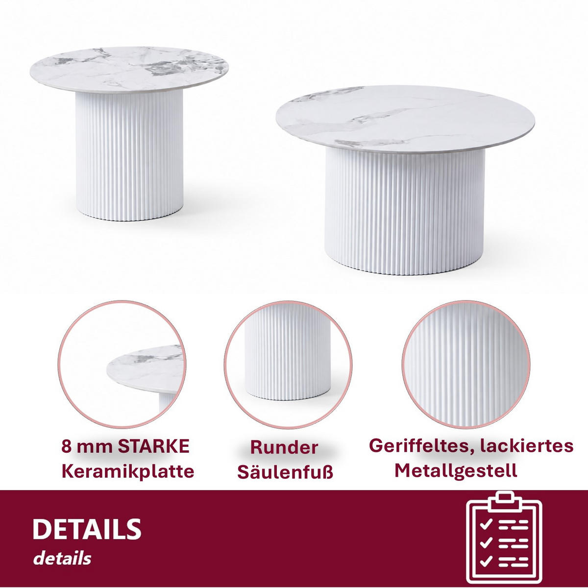 COUCHTISCH-SET Keramik rund 2-tlg. Trommelgestell Weiß 80 & 60 cm - Weiß, Keramik/Metall (80/80/46cm) - HOOZ
