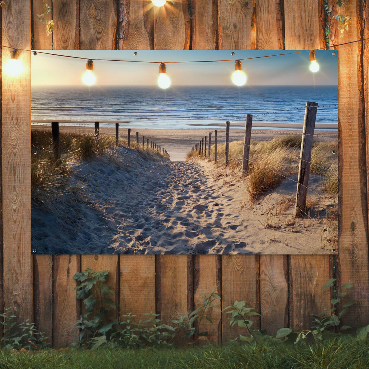 ZAHRADNÍ PLAKÁT Pláž - moře - Nizozemsko - duny - slunce 180x120 cm - písková barva, plast (180/120/0.2cm) - OnlyWow