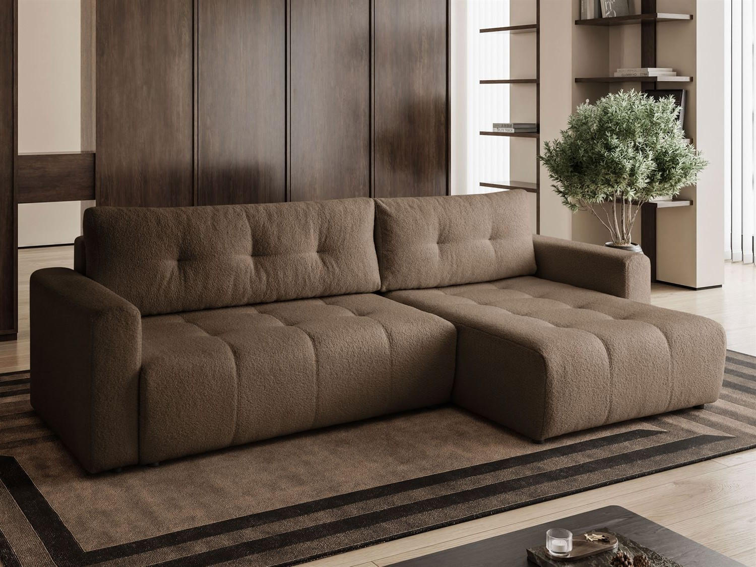 ECKSOFA VIENNA Stil Bettkasten und Funktionalität Bouclé Braun Rechts - Braun, Holz (261/143cm) - Kaiser Möbel