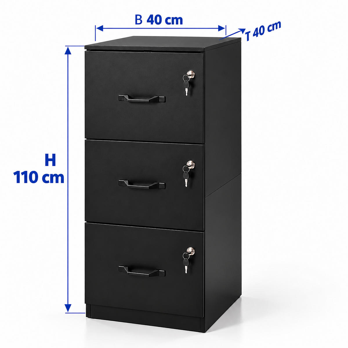 AKTENSCHRANK Schwarz 3 Schubladen abschließbar Hängeregister - Schwarz, Holzwerkstoff/Metall (41/110/40cm) - Relaxdays