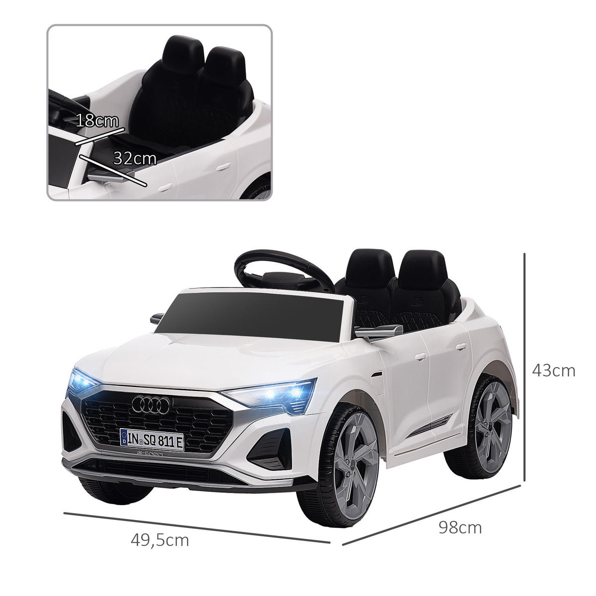 KINDER Elektroauto, Weiß, Kunststoff, Metall, 98cm x 49,5cm x 43cm - Weiß, Kunststoff (98/49.5/43cm) - AIYAPLAY