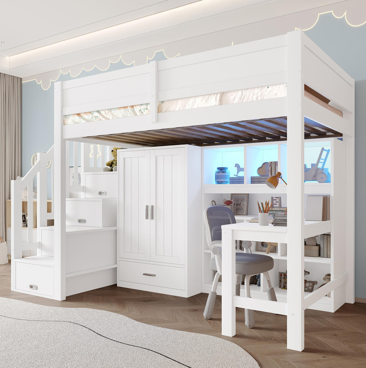 HOCHBETT 90x200 cm in Weiß mit Schreibtisch, Kleiderschrank, Stauraumtreppe und LED - Weiß, Holzwerkstoff (90/200cm) - IVMEU