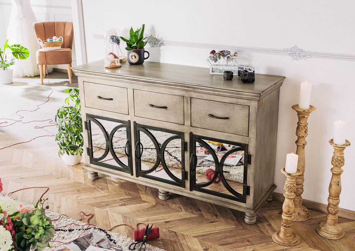 SIDEBOARD Mango 150x45x92 grau lackiert HERMITAGE #014 - Grau, Holz (150/60/45cm) - Massivmoebel24