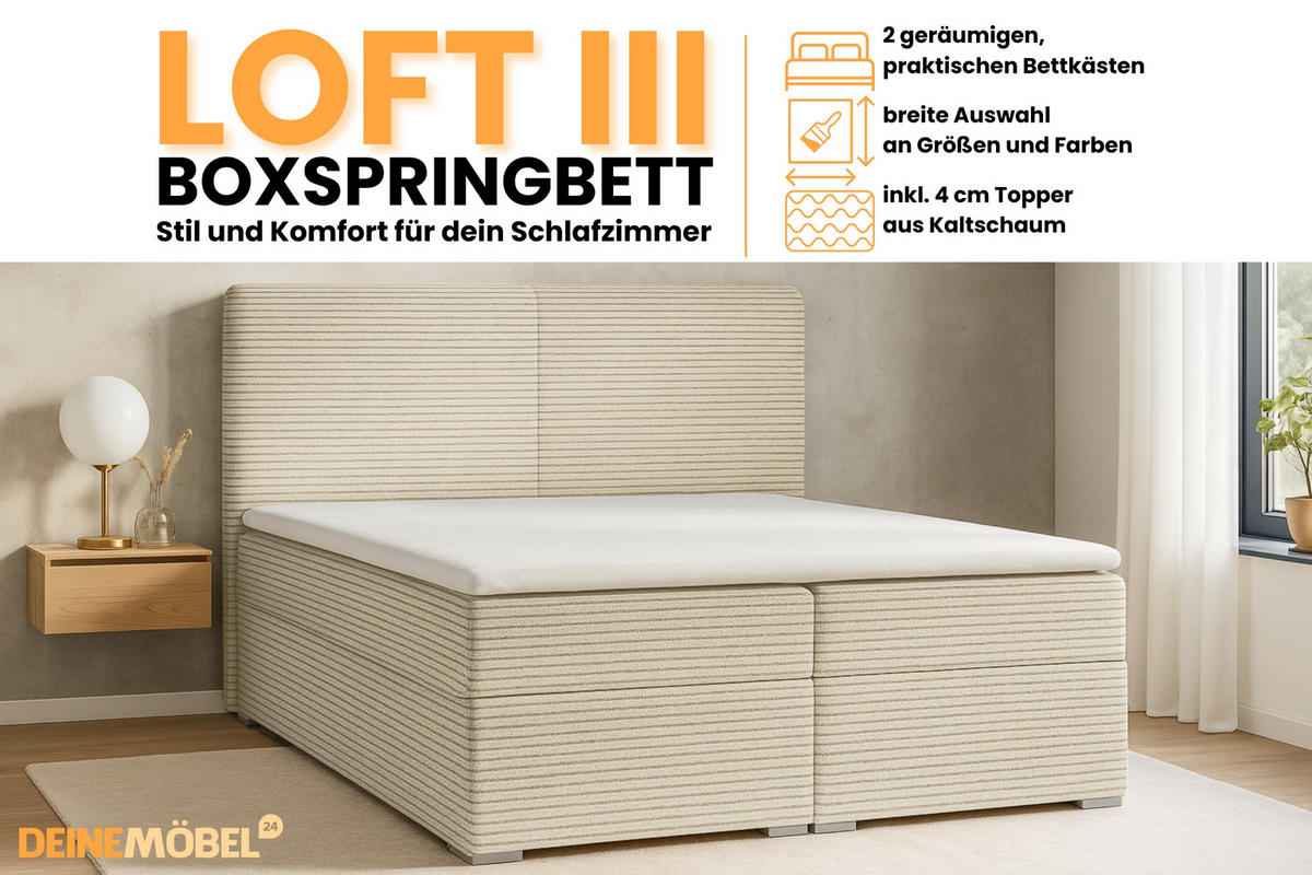BOXBETT LOFT III 180/200 Cord Creme mit Bonell-Federkernmatratzen H3 - Creme, Holz/Holzwerkstoff (180/200cm) - Deine Möbel 24