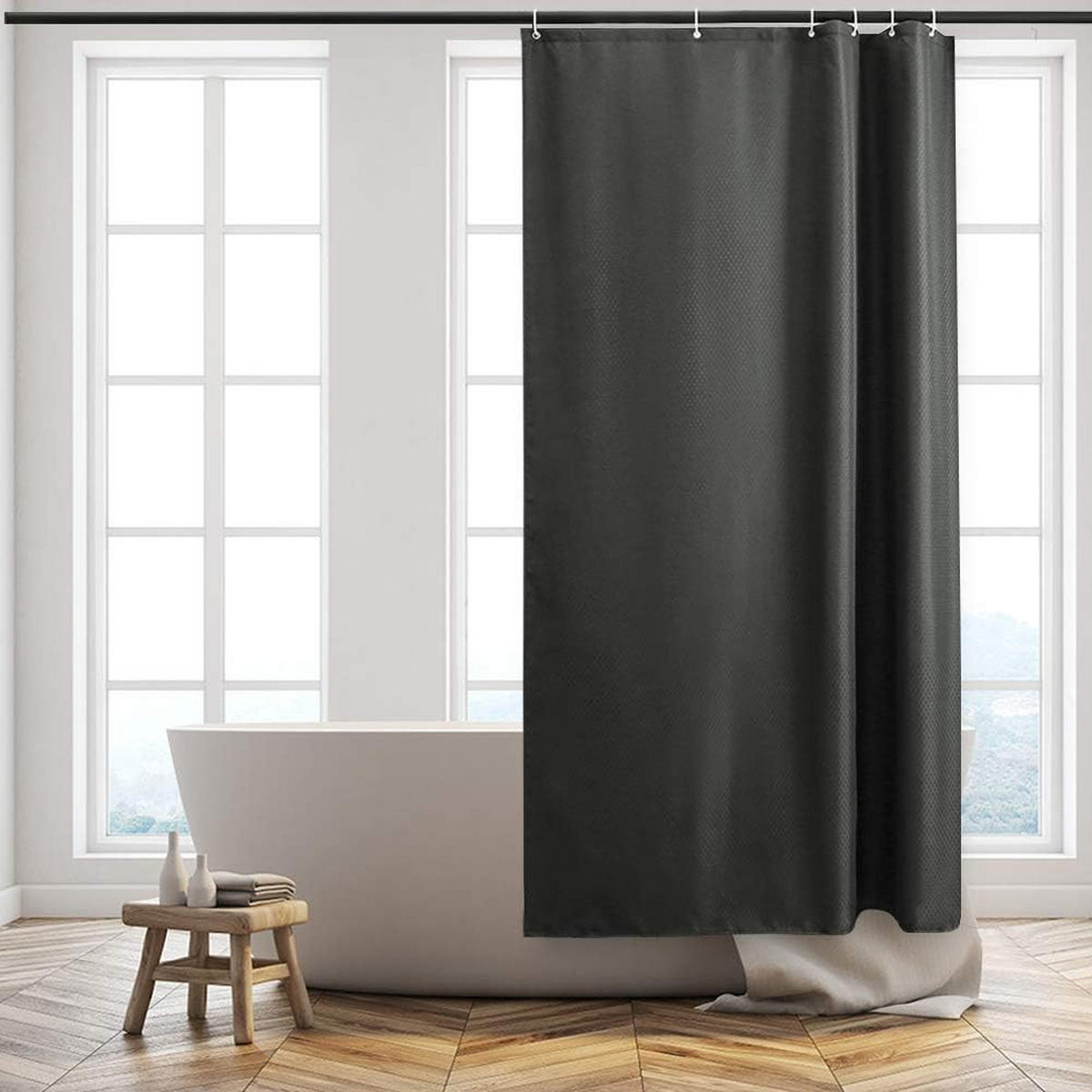 DUSCHVORHANG schimmelresistent Stoff wasserdicht waschbar dick Polyester Dunkelgrau Waffelstruktur für Badewanne mit Haken 80 x 180 cm - Schwarz, Textil (80/180cm) - MCBOSON