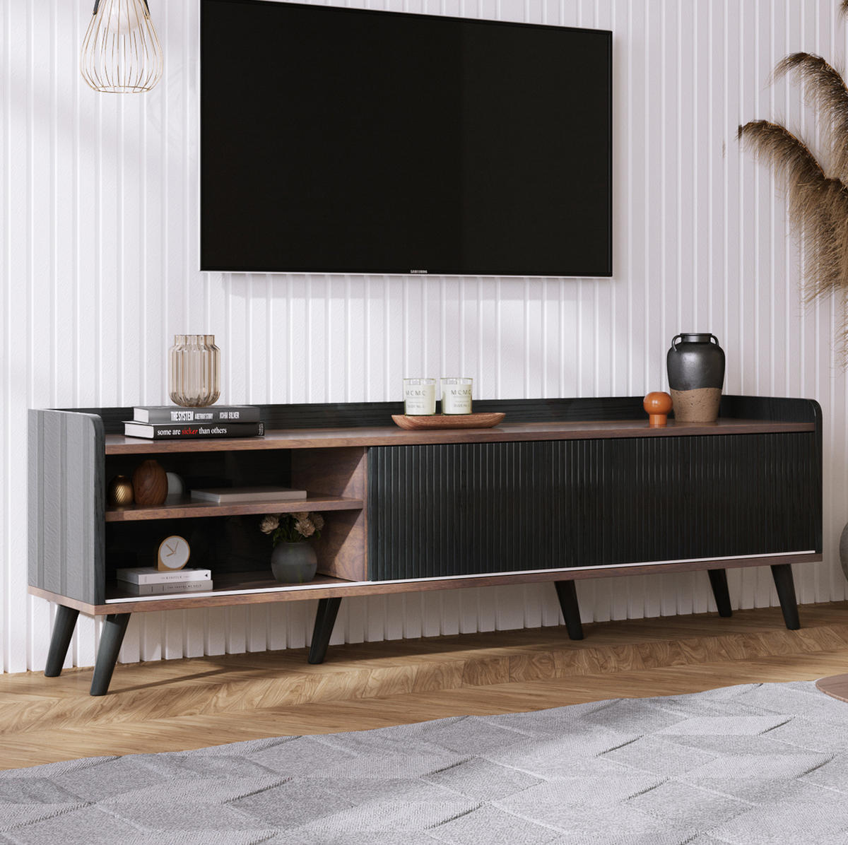 TV-SCHRANK mit zwei Schubladen, Schwarz und Holz 160/40/58 cm - Schwarz, Holzwerkstoff (160/58/40cm) - Redom