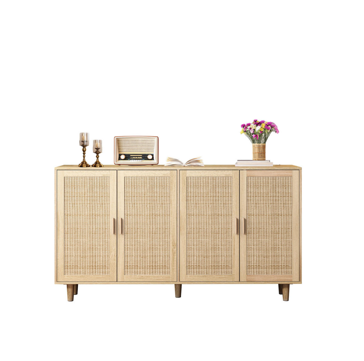 SIDEBOARD 158/40/88 cm mit 4 Türen in Natur mit Rattan-Optik - Naturfarben, Holzwerkstoff (158/88/40cm) - BEAOK