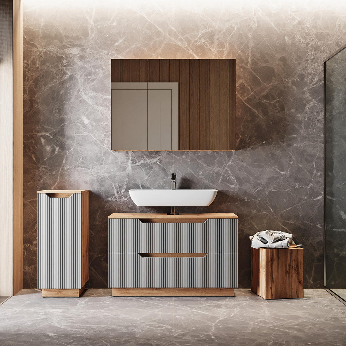 BADMÖBEL-SET Lotta Eiche/grau gestreift 3 Teile - Grau, Holzwerkstoff (99.4/62.5/32cm) - Vicco