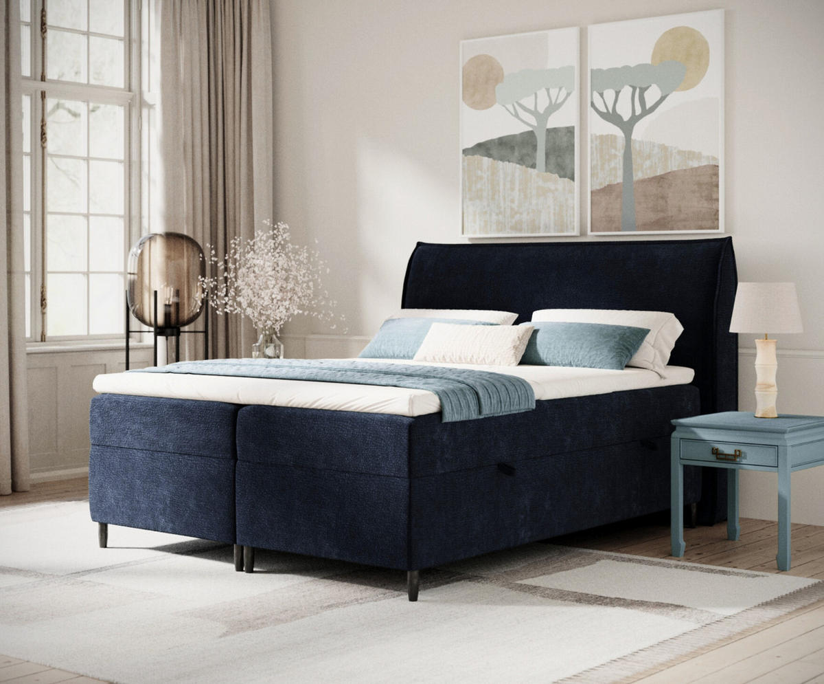 BOXBETT 200/200 cm Corvus, in Marineblau, Matratze, Topper, Bettkasten, H3 = fest - Schwarz/Dunkelblau, Holz/Holzwerkstoff (200/200cm) - Maison de Reve