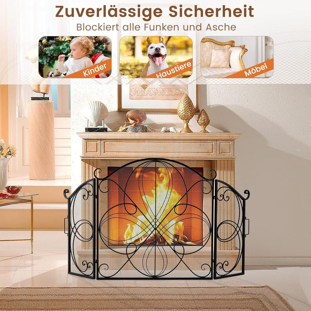 KAMINSCHIRM 83cm Schwarz - Schwarz, Metall (4/83/83cm) - COSTWAY