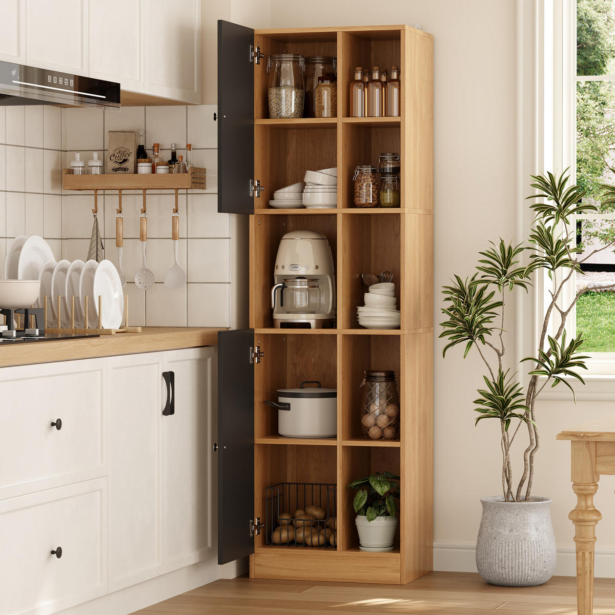 MEHRZWECKSCHRANK DE-38746 50/35,5/170 cm 6 offene Regale und 2 Türen Eiche - Naturfarben, Holzwerkstoff (50/170/35.5cm) - ComfortXL