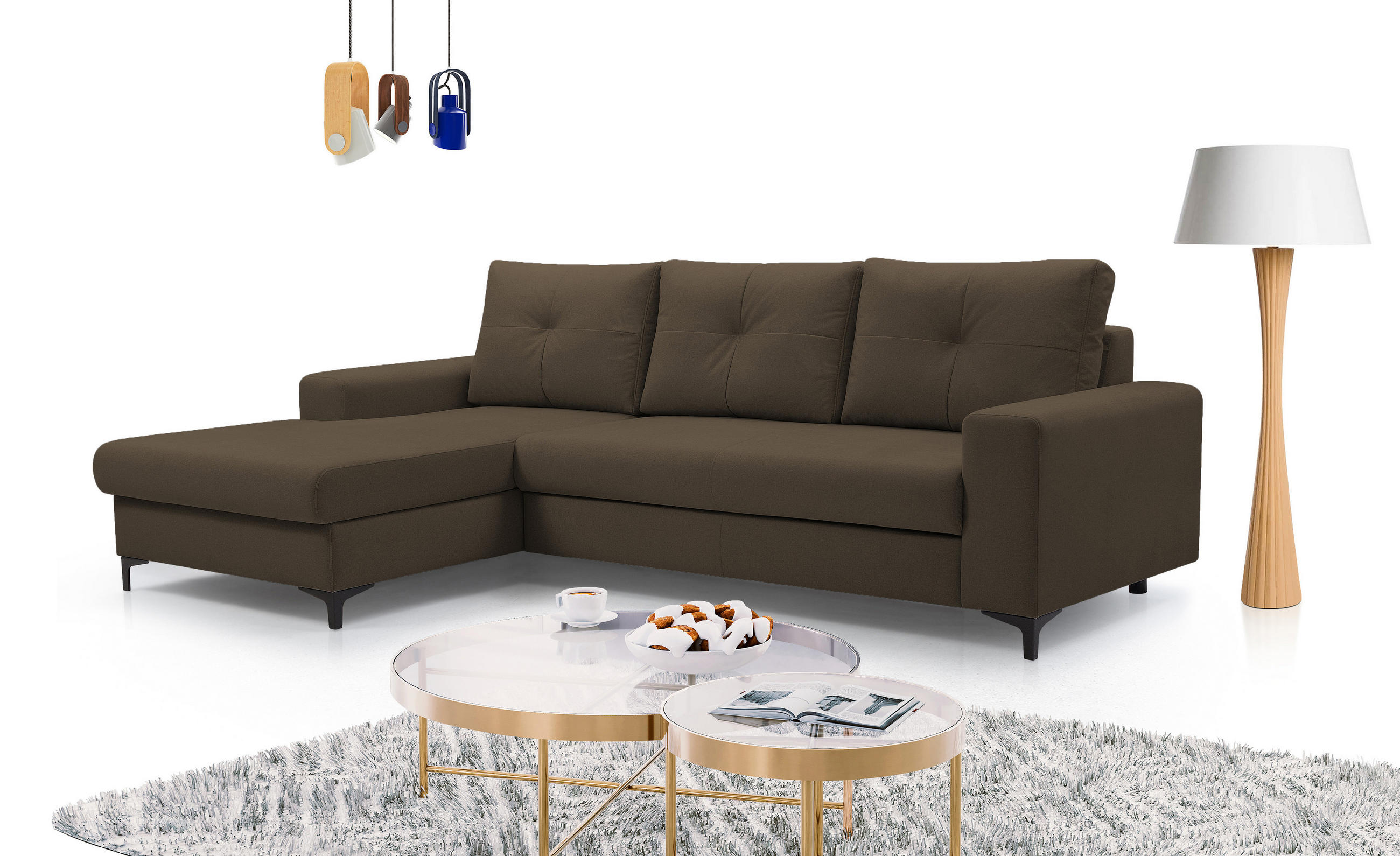 ECKSOFA AVRA L-förmig, mit Stauraumbehälter-in RINO-Stoff, Komfort & Eleganz, lose Rückenkissen, freistehend, LINKS 165x251x85 cm Brown - Braun, Holz/Textil (165/251cm) - DomoHome