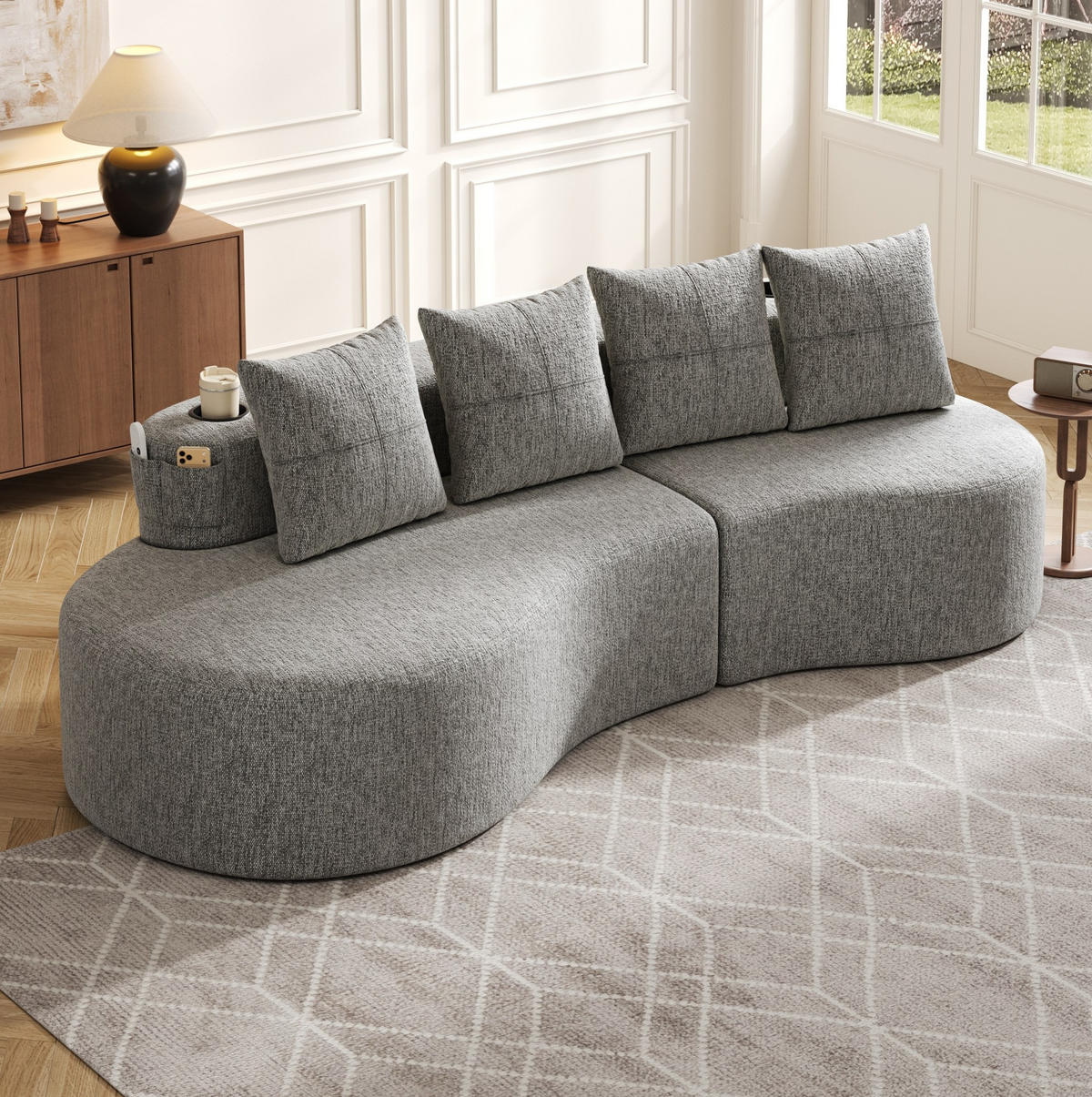 SOFA 240/109/60 cm in Hellgrau mit 4 Kissen, Becherhaltern und Seitentaschen - Hellgrau, Textil (109/63/240cm) - Flora Grace