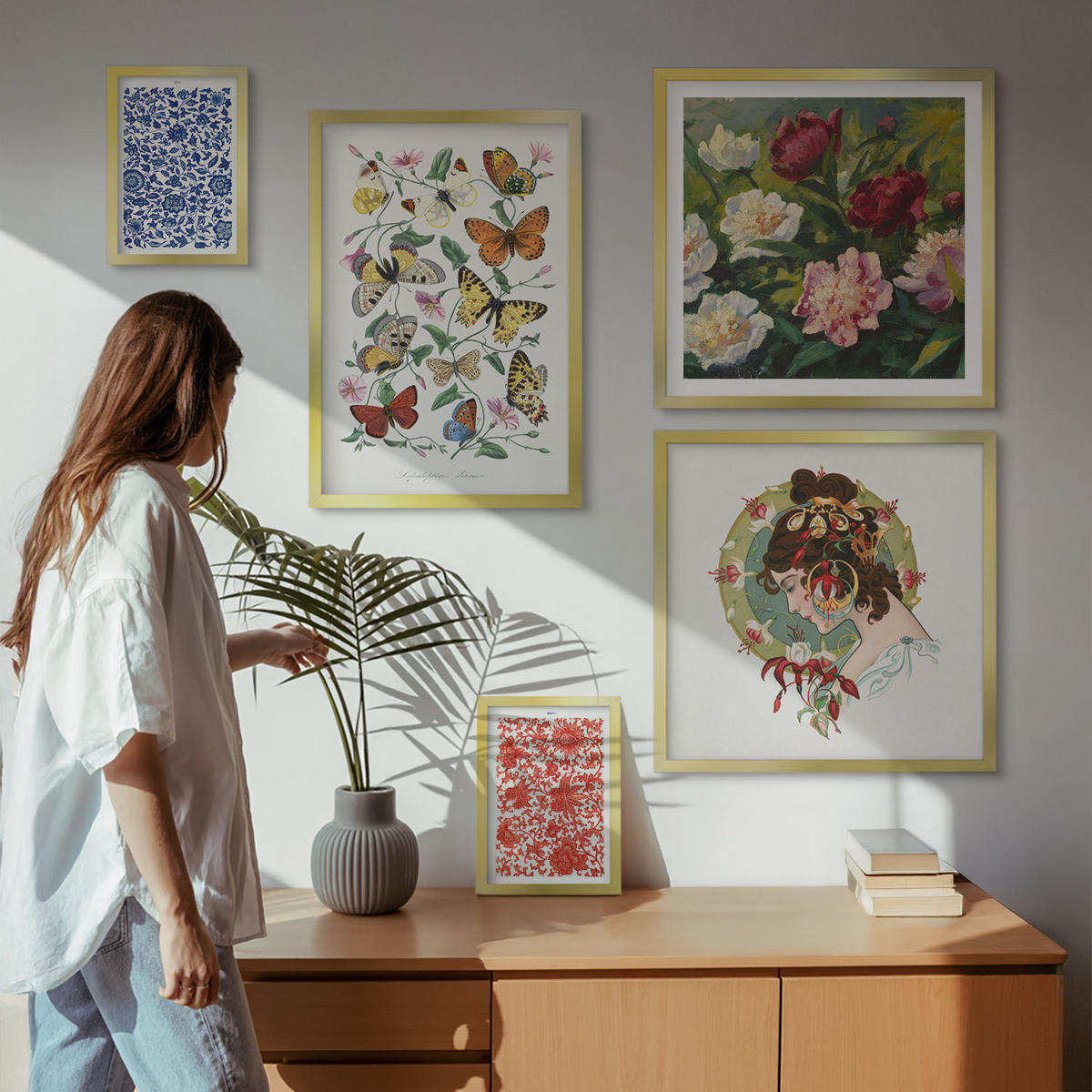 BILDER SET 5er Set - 50x50 cm & 20x30 cm & 40x60 cm Goldrahmen - Vintage-Blumen-Schmetterlings-Ornamente - Goldfarben, Kunststoff (40/60cm) - TULUP