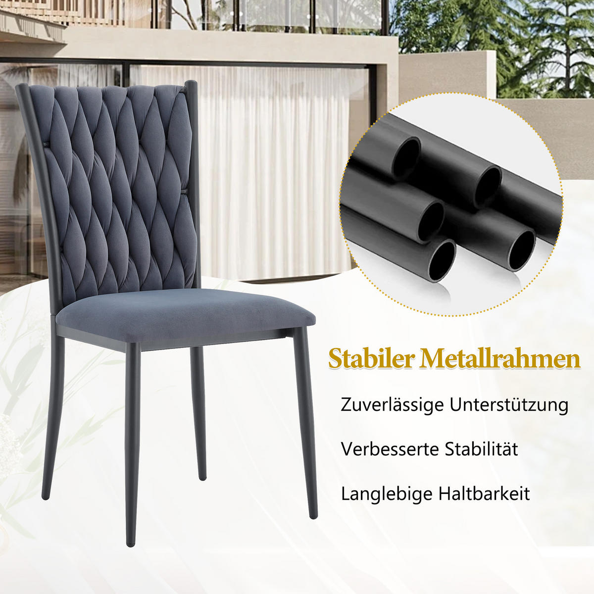 STUHL-SET DE-36807 4 Stück mit handgeflochtenem Muster Dunkelgrau - Dunkelgrau, Metall (45/94/58cm) - ComfortXL