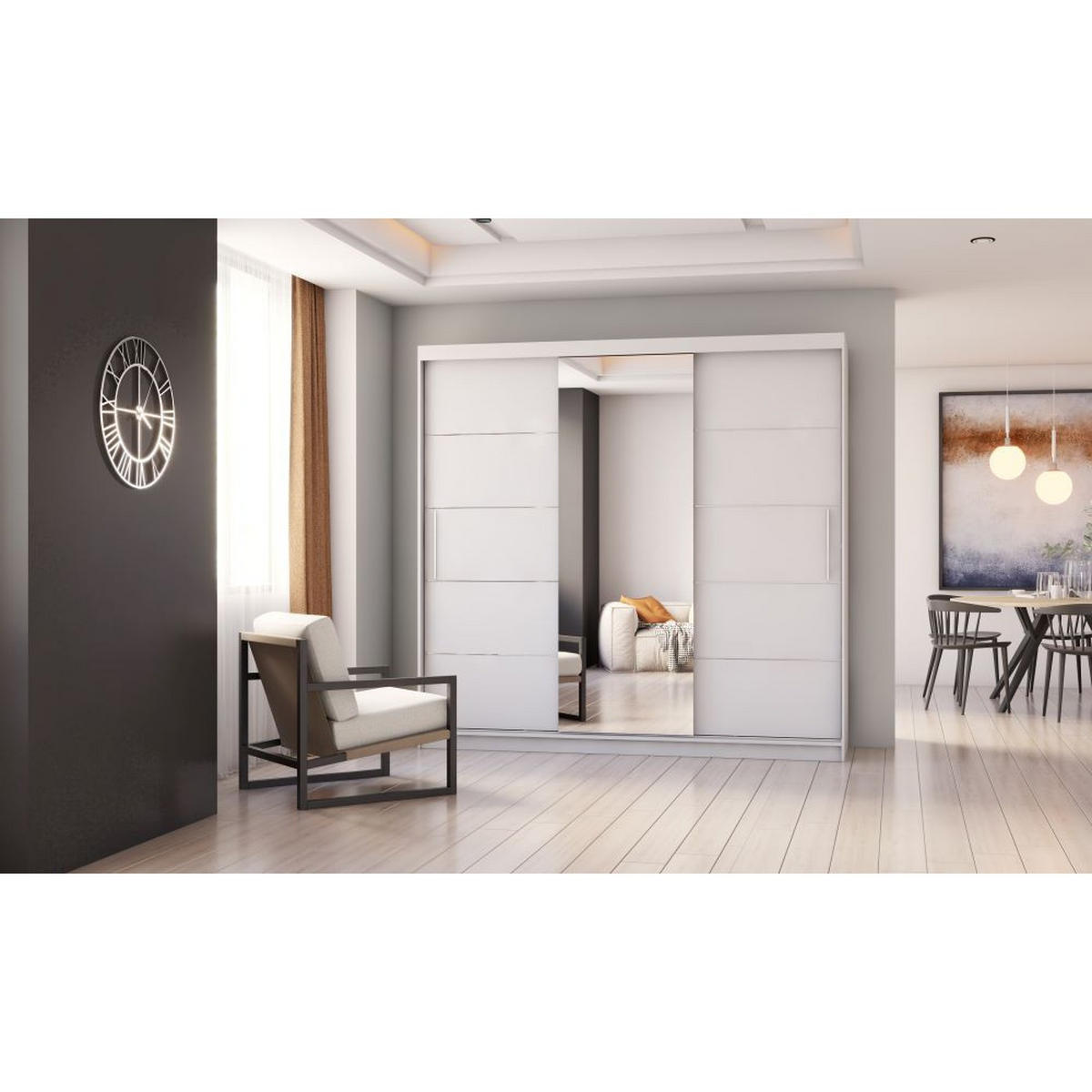 SCHWEBETÜRENSCHRANK Alba Weiß/Weiß + Spiegel, mit LED-Beleuchtung 250 cm - Alufarben/Weiß, Glas/Holzwerkstoff (250/218/61cm) - imoebel24