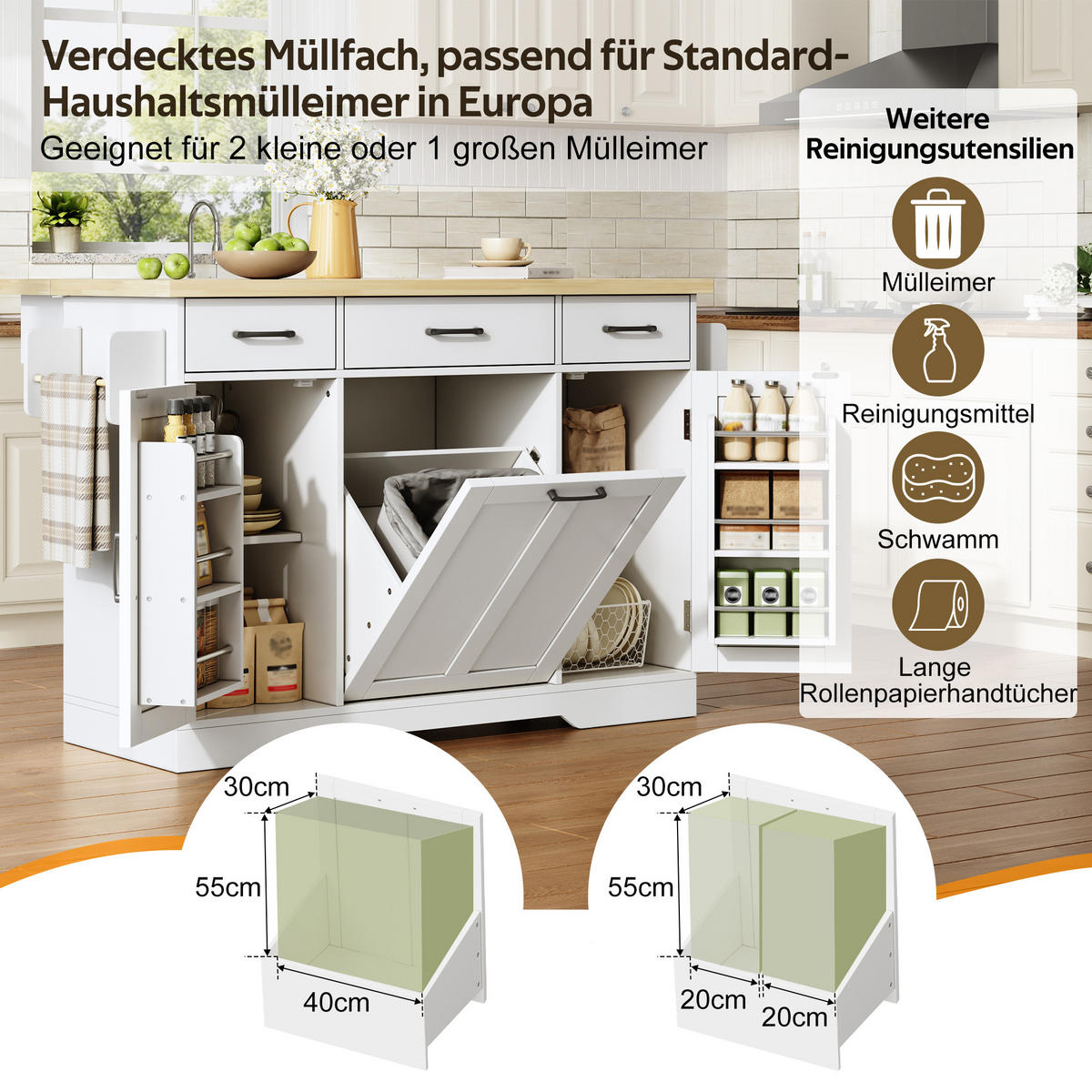 SERVIERWAGEN in Weiß Kücheninsel mit klappbarer Arbeitsplatte und Rollen für Küchen, B120/T45 (70)/H87cm - Weiß, Holzwerkstoff (120/87/70cm) - STILVORA