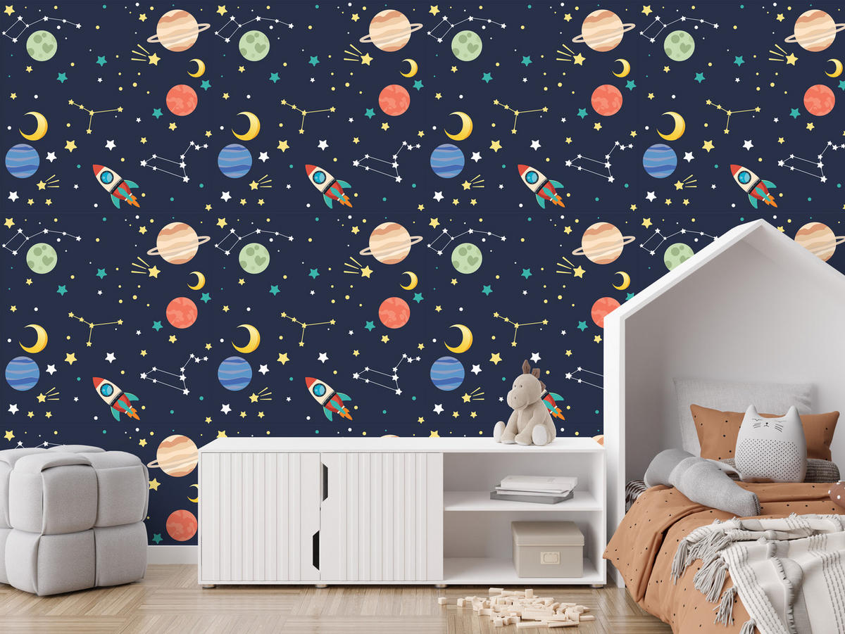 VLIESTAPETE Weltraum, Planeten und Raketen – Dunkelblau, Bunt – 50x1000 cm - Multicolor/Dunkelblau, Papier (50/1000cm) - Muralo
