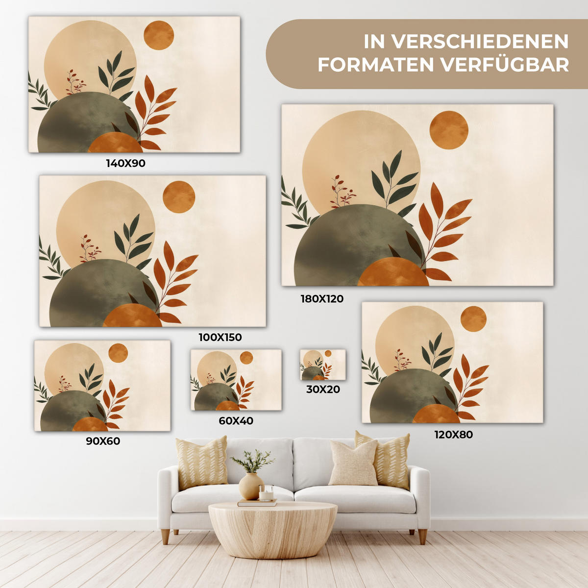 LEINWANDBILD Formen - Rund - Blätter - Beige Wanddeko 90x60 cm - Rostfarben, Textil (90/60cm) - MuchoWow