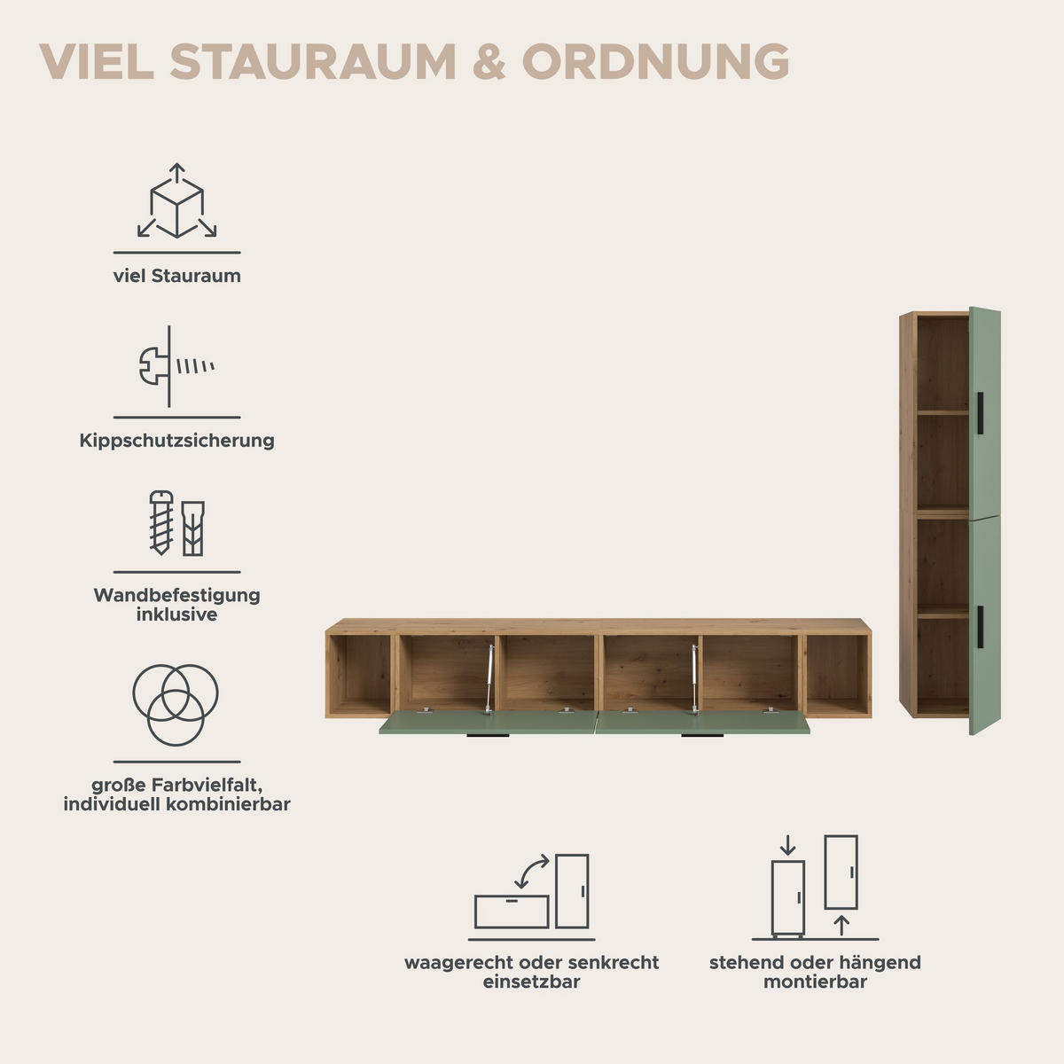 WOHNKOMBINATION THE ONE (B/H/T: ca. 259/182/34 cm) in Artisan Oak Nachbildung/Smoke Green - Eiche Artisan, Holzwerkstoff (259/182/34cm)