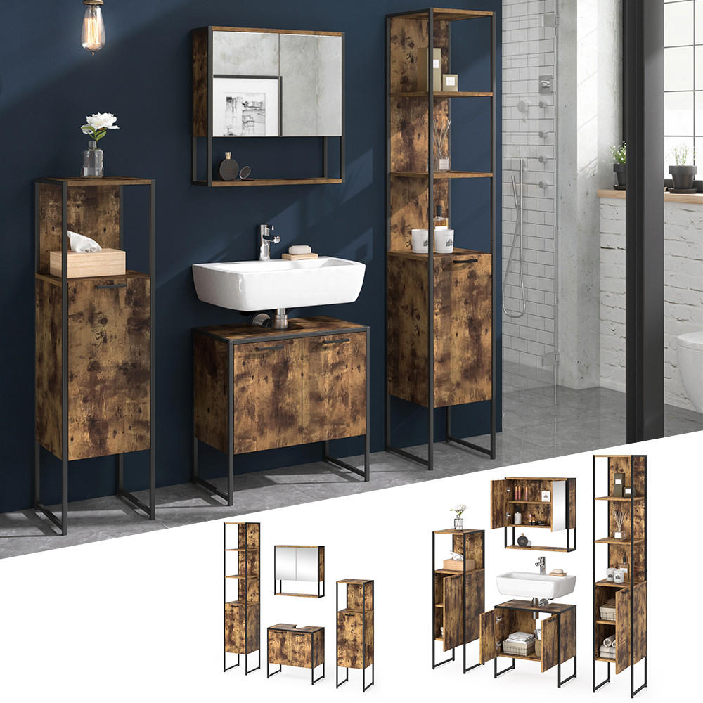 BADMÖBEL-SET Fyrk Antikholz 4 Teile - Eichefarben/Schwarz, Holzwerkstoff (60/60/33cm) - Vicco