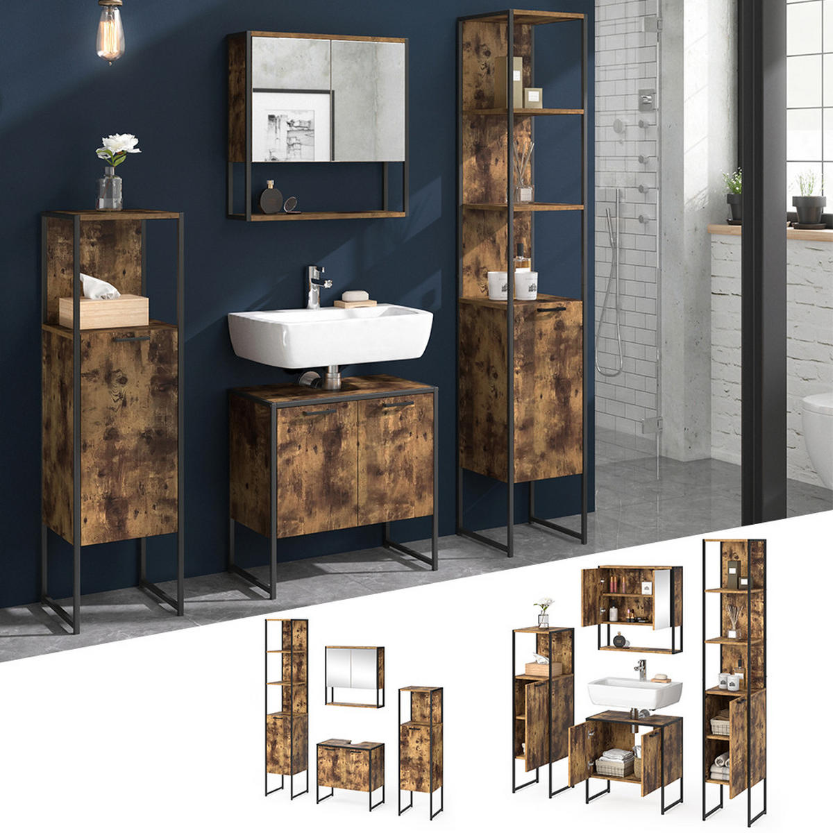 BADMÖBEL-SET Fyrk Antikholz 4 Teile - Eichefarben/Schwarz, Holzwerkstoff (60/60/33cm) - Vicco