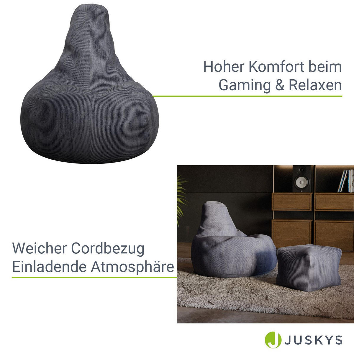 SITZSACK Chillex mit Hocker XL Cord dunkelgrau - Dunkelgrau, Textil (83/103/78cm) - Juskys