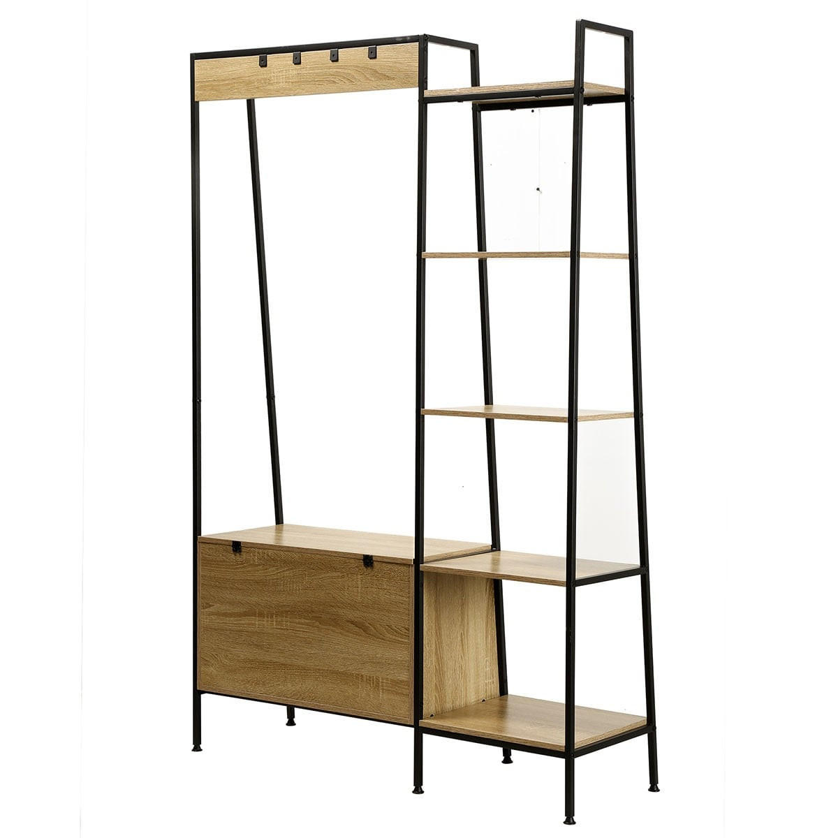 GARDEROBENSTÄNDER mit 5 Regalen, Schuhkasten und Kleiderhaken - Eichefarben, Holzwerkstoff (35/160/105cm) - Calicosy