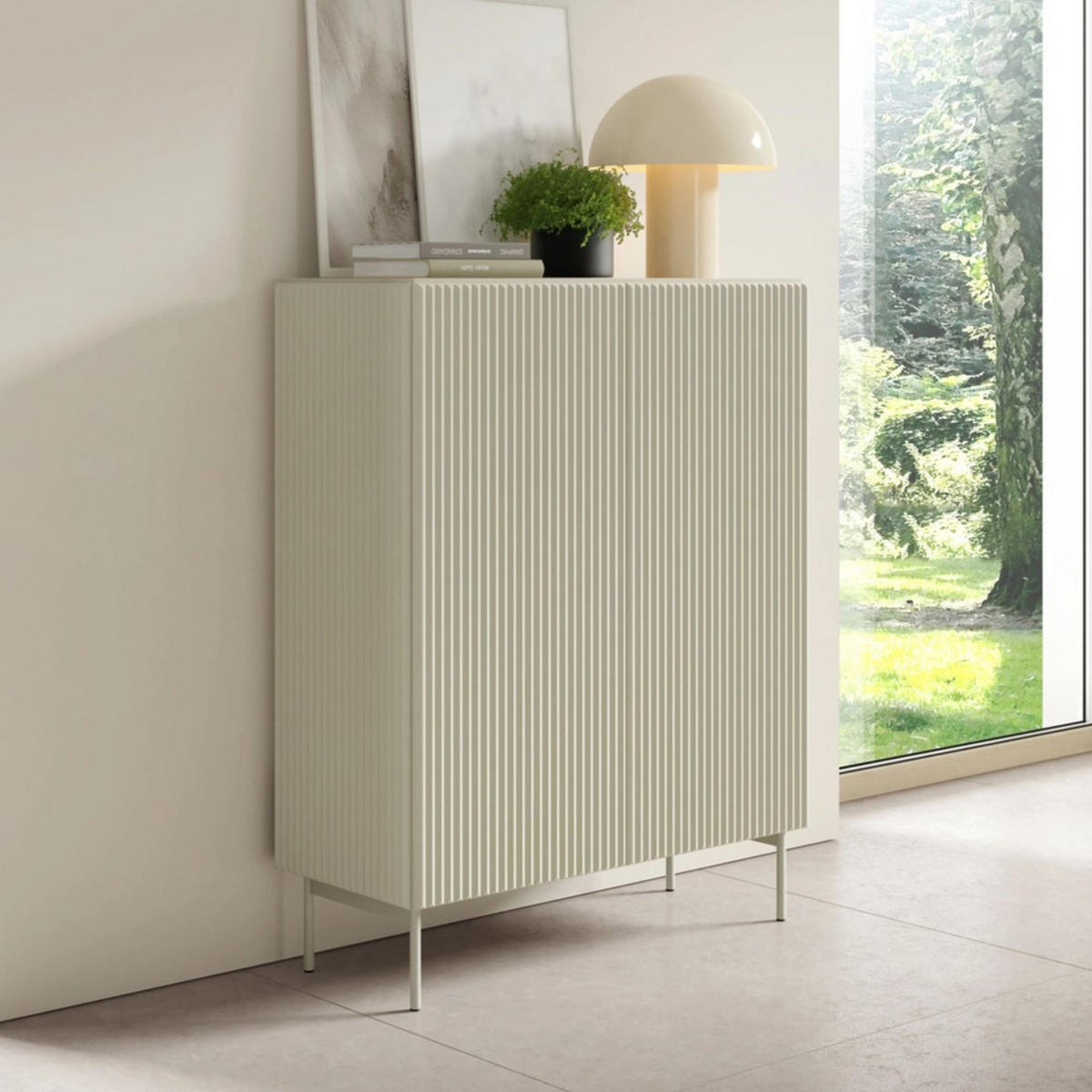 HIGHBOARD MUTI 99 cm Kaschmir - mit Riffel-Fronten und Push-to-Open-System - Kaschmir, Holz/Holzwerkstoff (99/123/40cm) - Ravio