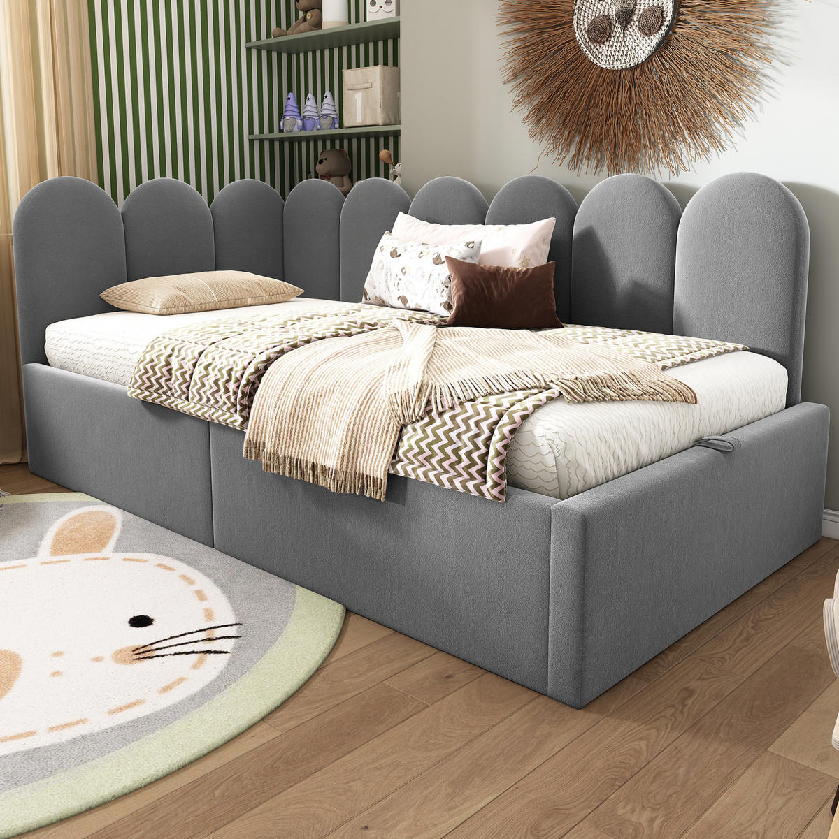 POLSTERBETT 90/200 cm mit hydraulischem Stauraum und austauschbaren Seitenteilen aus Samt, Grau - Grau, Holz (90/200cm) - Redom