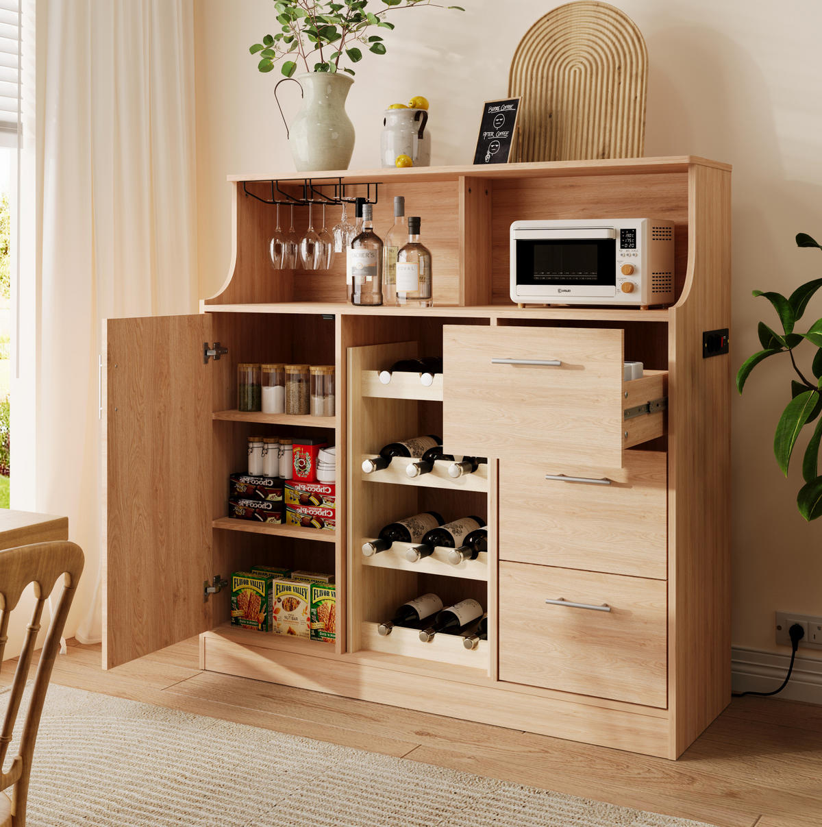 SIDEBOARD 120/40/121 cm mit LED-Beleuchtung, Steckdose, Weinregal und Glashalter, Natur/Weiß - Weiß, Holzwerkstoff (120/121/40cm) - Redom