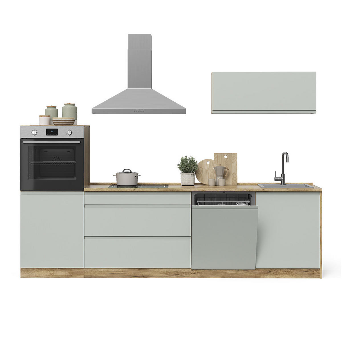 KÜCHENZEILE R-Line, Pastellgrün/Goldkraft Eiche, 280 cm Arbeitsplatte Weiß - Eichefarben/Pastellgrün, Holzwerkstoff (280/143/60cm) - Vicco