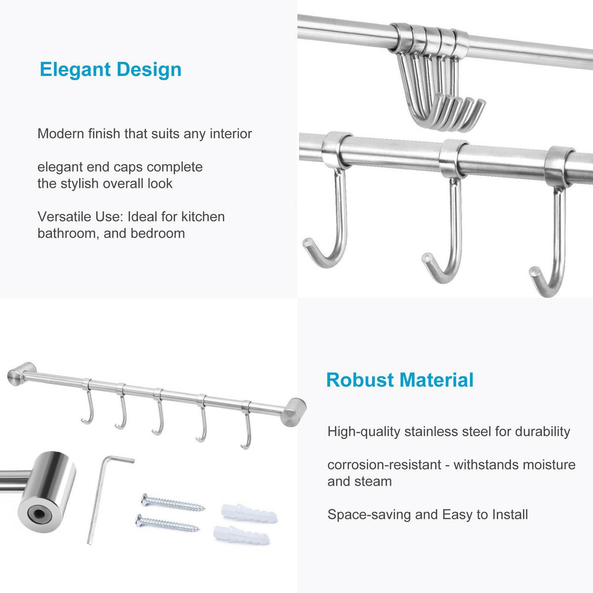 KÜCHEN HÄNGELEISTE mit 5 Haken - Silberfarben, Metall (3.4/2.2/36cm) - Intirilife