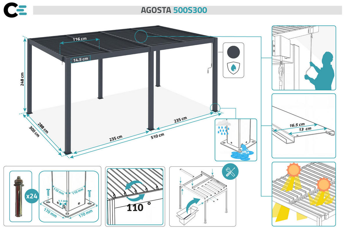 BIOKLIMA-PERGOLA Agosta 5x3m freistehend 250 cm hoch Graues Aluminium - Grau, Metall (509/248/304cm) - Cazeboo