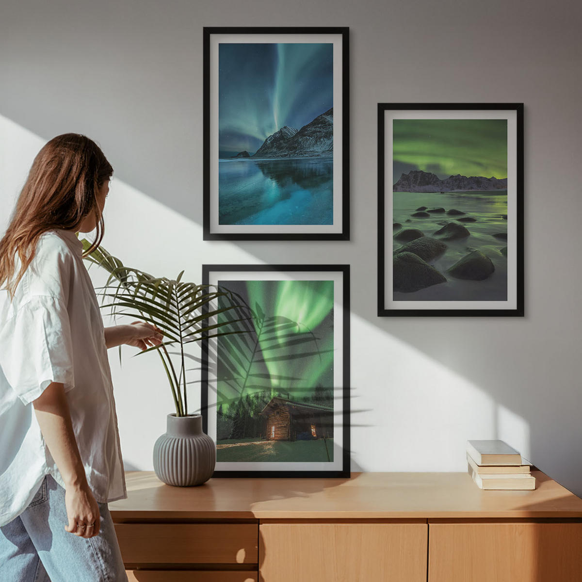 WANDBILDER 3er-Set - 40x60 cm Schwarzer Rahmen - Winterlandschaften, Nordlichter, Berge - Schwarz, Kunststoff (40/60cm) - ArtPrintCave