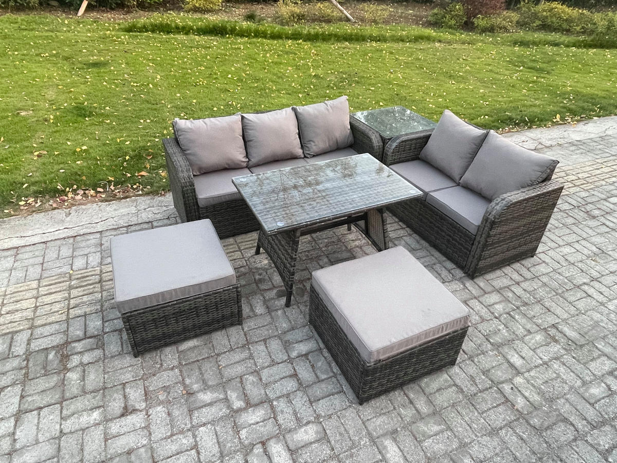 GARTENMÖBELSET mit ESSTISCH,SOFA Polyrattan 7-Sitzer - Dunkelgrau/Grau, Glas/Kunststoff - Fimous