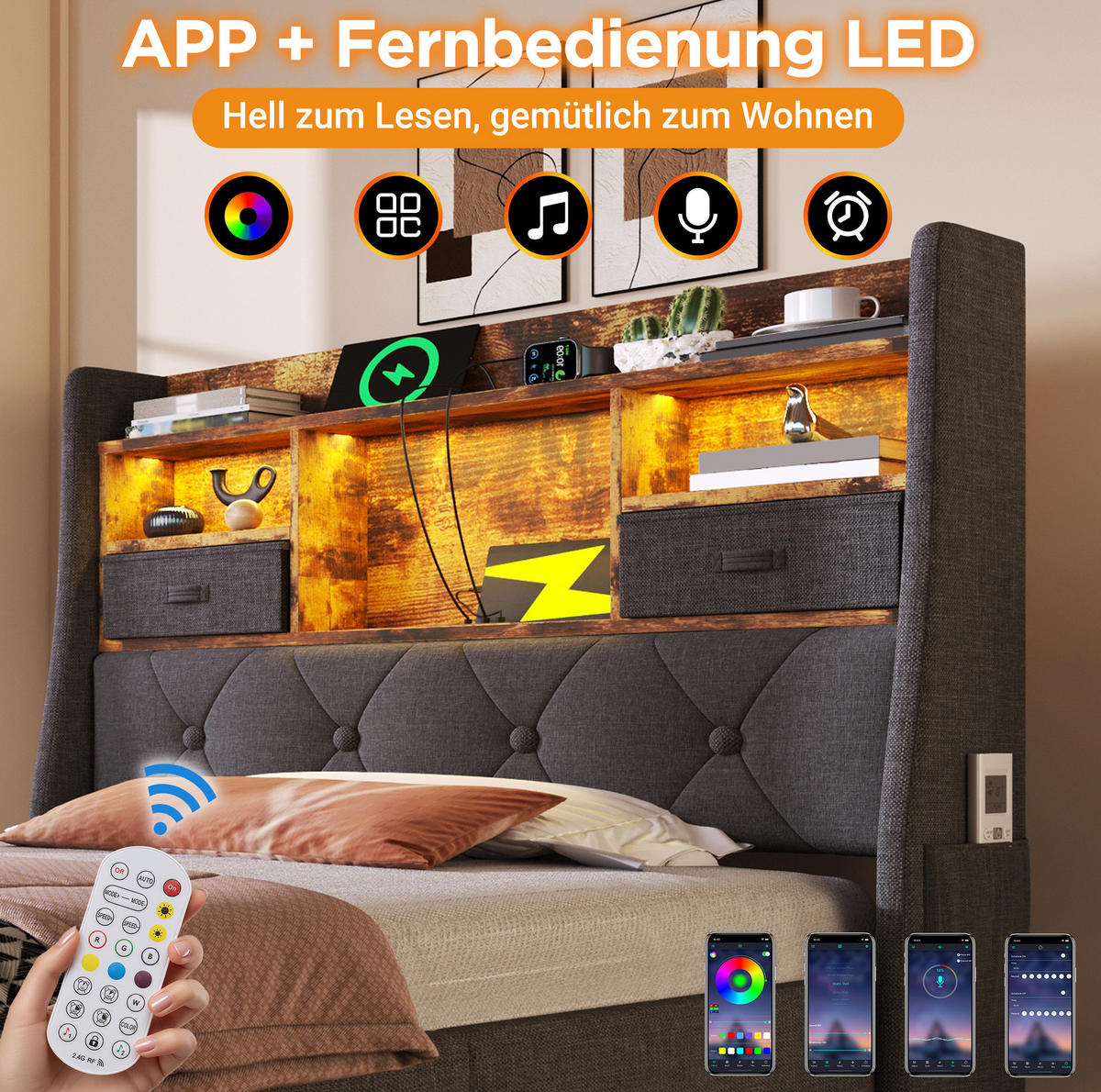 POLSTERBETT 90/200 cm Grau aus Leinen mit LED-Kopfteil - Grau, Textil (90/200cm) - OKMYHOME