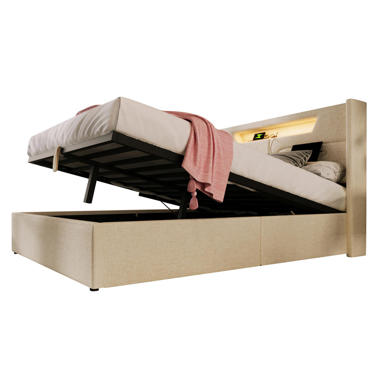 POLSTERBETT 140/200 cm Beige mit USB- und Type-C-Anschlüssen und LED-Beleuchtung - Beige, Textil (140/200cm) - OKWISH