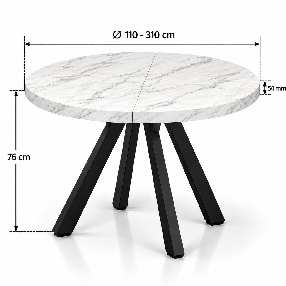 ESSTISCH rund ausziehbar 110/310/76 cm, Marmoroptik, 54 cm Tischplatte + X Metallbeine Schwarz - Weiß/Grau, Holzwerkstoff/Metall (110/310/76cm) - Damale Möbel