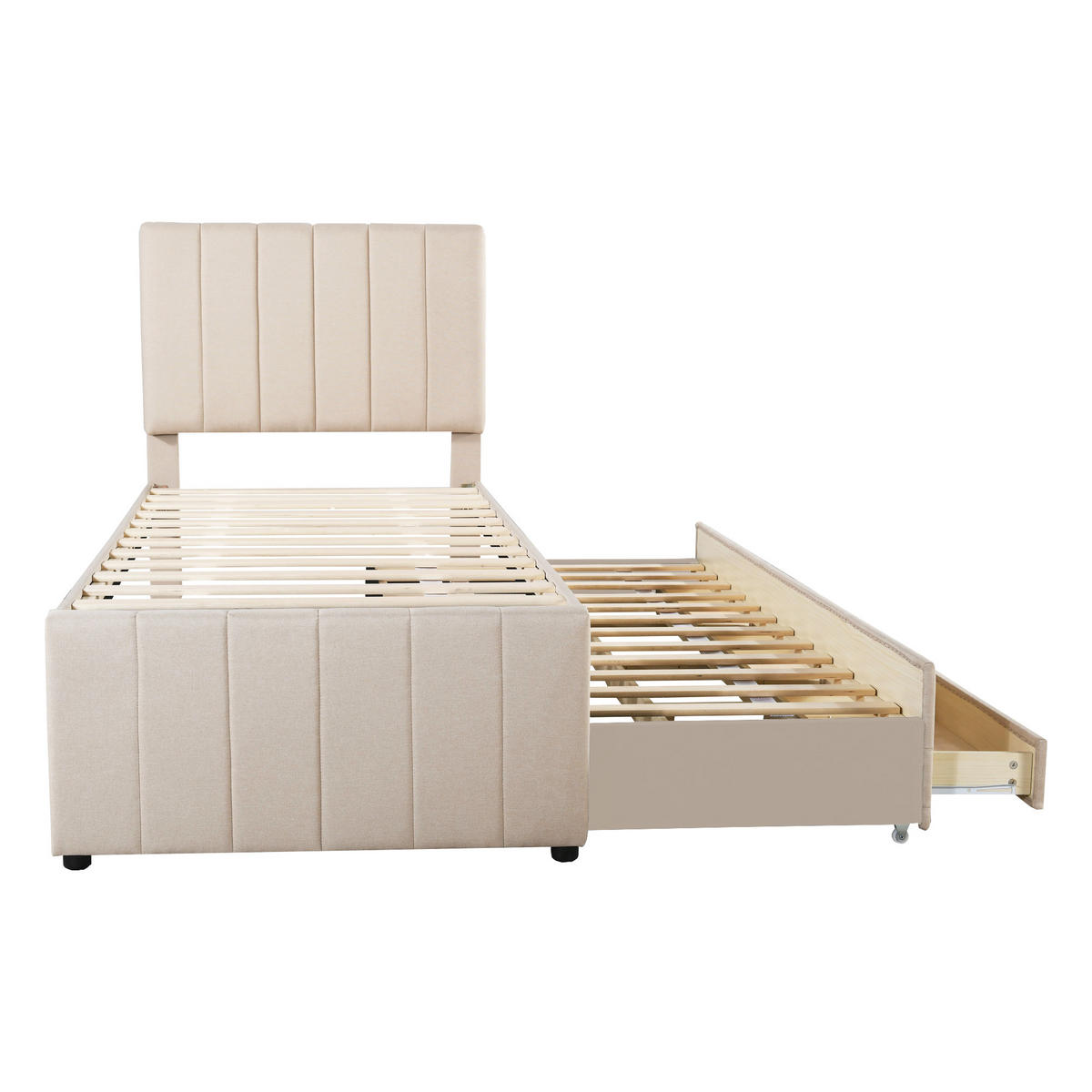 POLSTERBETT aus Leinen 203x90x118 cm in Beige mit Ausziehbett & 3 Schubladen - Beige, Textil (90/200cm) - Modfu