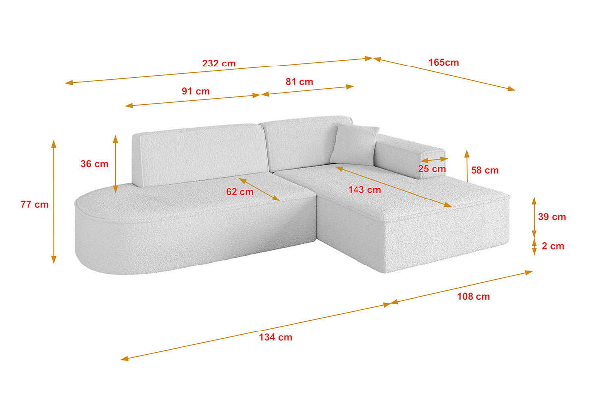 ECKSOFA Ottomane Rechts IREA-L1-v4 - 232x165x77 cm Weiß - Weiß, Holzwerkstoff/Textil (232/165cm) - ALTDECOR
