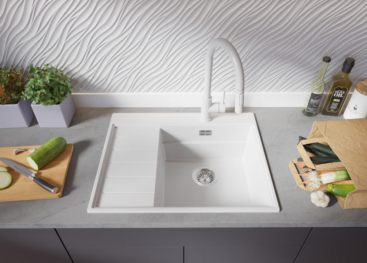 SPÜLBECKEN Sydney, 2-er set Weiß 62/50 cm 1 Becken + Ablauf-Set + Küchenzubehörset ab 45er Unterschrank - Chromfarben/Beige, Kunststoff (62/20/50cm) - Primagran