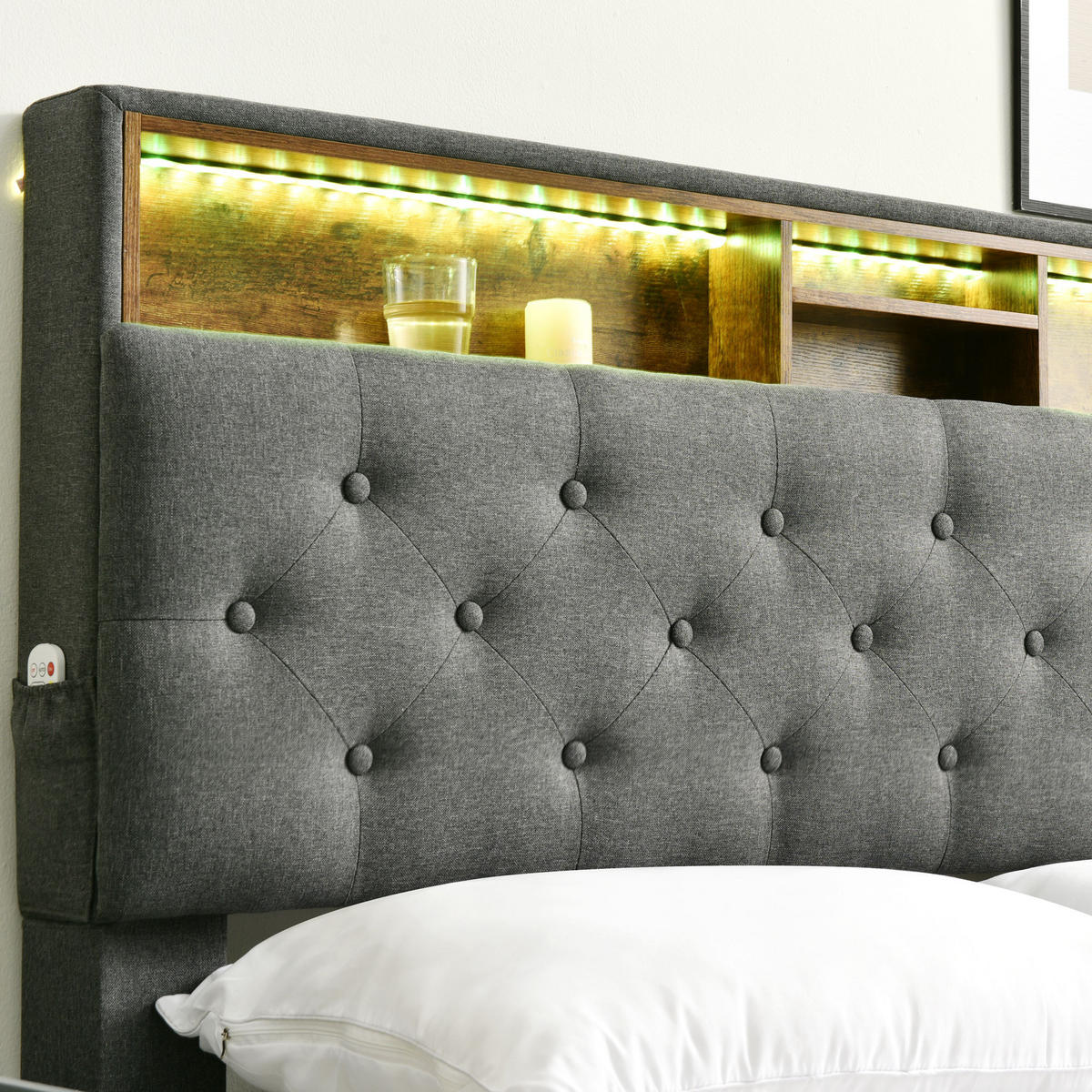 POLSTERBETT 140/200 cm DE-00490, in Grau, LED und Matratze - Grau, Holz (140/200cm) - ComfortXL