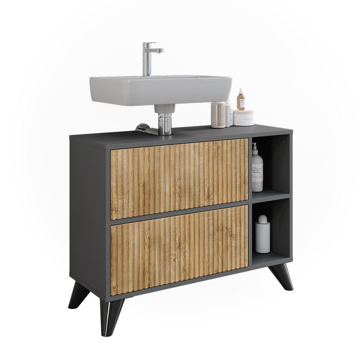 WASCHBECKENUNTERSCHRANK Leano Anthrazit/Bergeiche 80 x 62 cm mit 2 Schubladen - Anthrazit, Holzwerkstoff (80/62/30cm) - Vicco