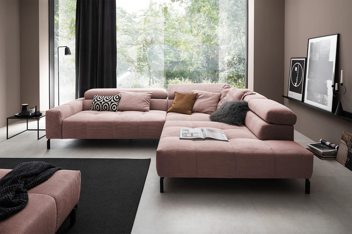 ECKSOFA MIT MOTORISCHEM SITZVORZUG OHIO Pink Cord - Pink/Schwarz, Textil/Metall (311/219cm) - KAWOLA