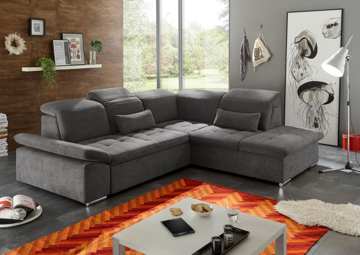 ECKSOFA mit Schlaffunktion mit Bettkasten und verstellbaren Kopf- und Rückenlehnen - Chromfarben/Grau, Textil (240/276cm) - ed exciting design