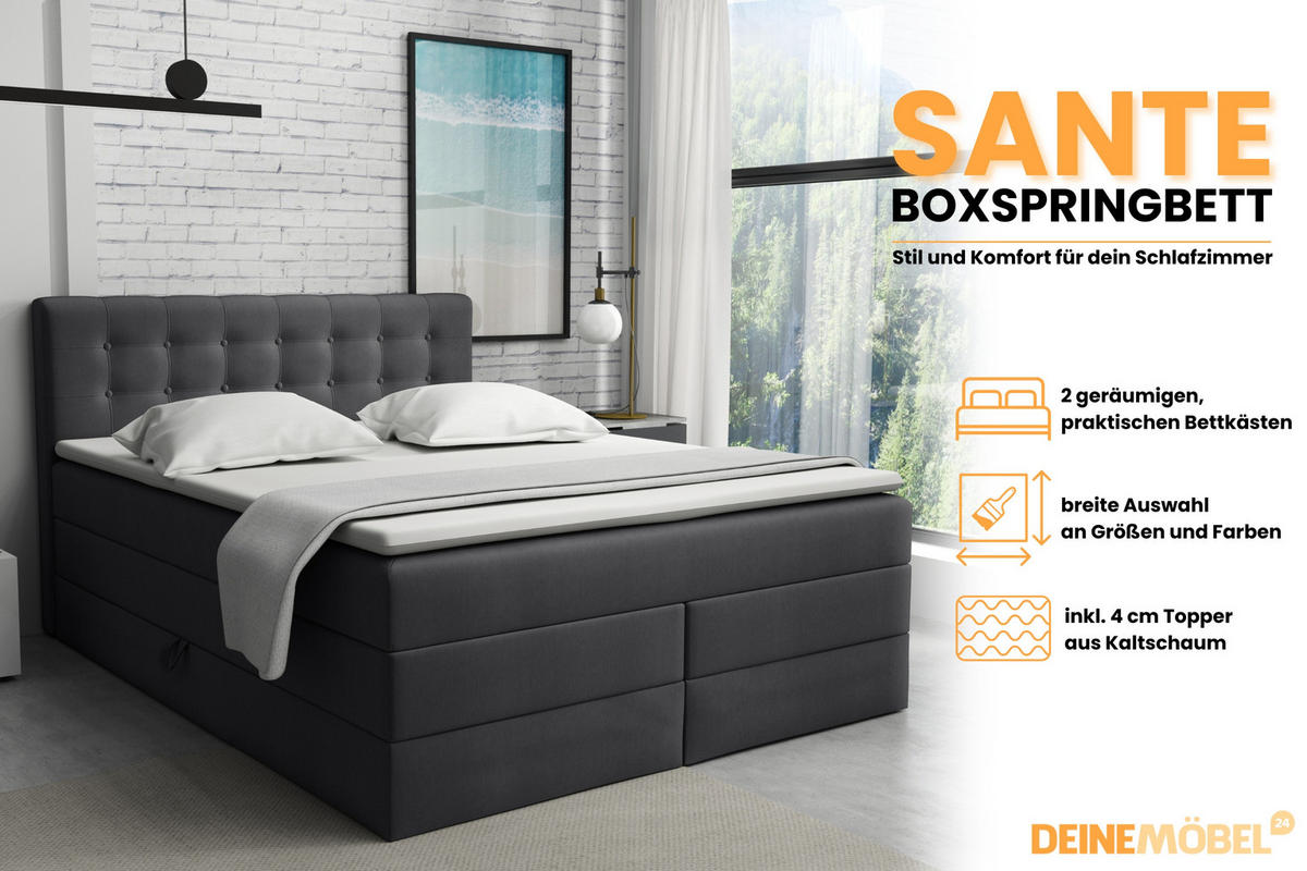 BOXSPRINGBETT SANTE 160/200 in Velour Anthrazit - Anthrazit, Holz/Holzwerkstoff (160/200cm) - Deine Möbel 24